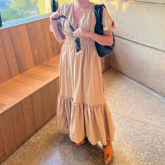 ASOS EDITION shirred waist tiered maxi dress Camel Nylon - Picture 3 of 3